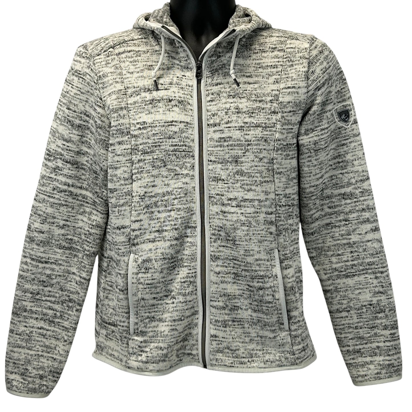 KUHL gray zip-up hoodie in size medium, front view with logo detail on chest, soft texture