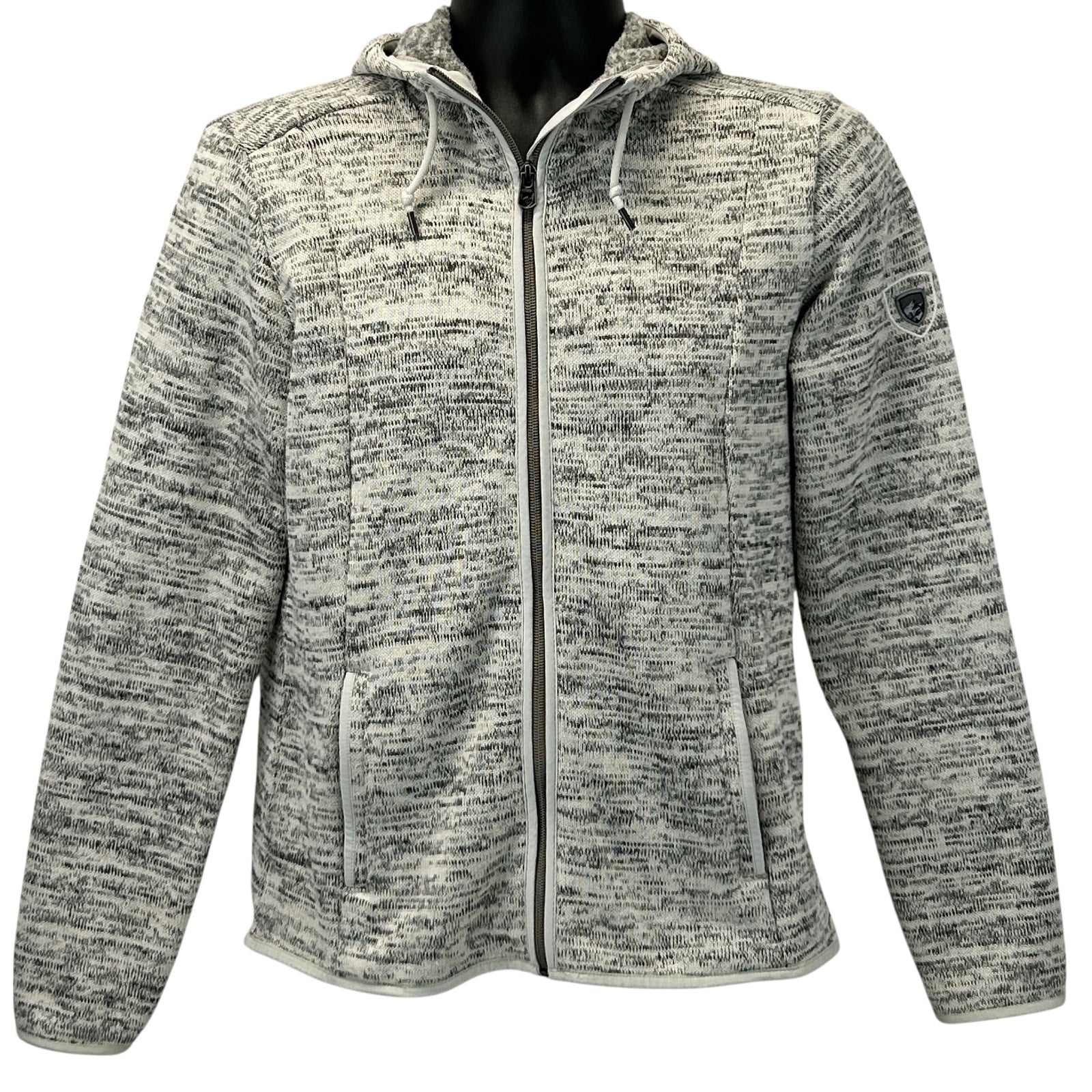 KUHL gray zip-up hoodie in size medium, front view with logo detail on chest, soft texture