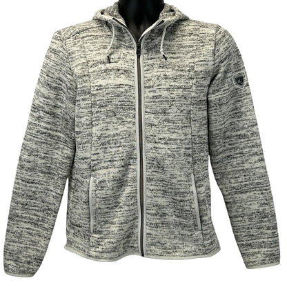 KUHL gray zip-up hoodie in size medium, front view with logo detail on chest, soft texture