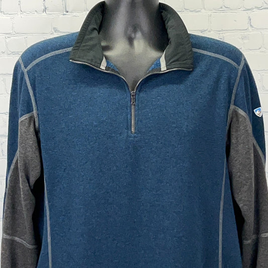 Kuhl quarter zip sweater in blue and gray for a stylish casual look