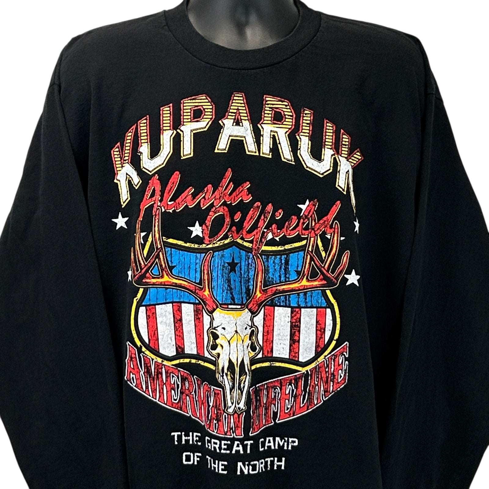 Black Bayside Alaska T-Shirt featuring vintage graphic with antlers and Americana design, front view