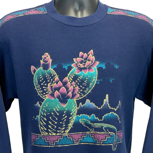 Vintage Southwestern Cactus Sweatshirt Mens Small Lizard Western Made USA Blue