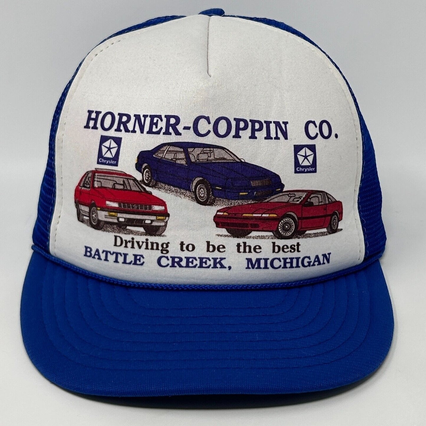 Vintage Chrysler Dealership Trucker Hat Baseball Cap Battle Creek Michigan Blue