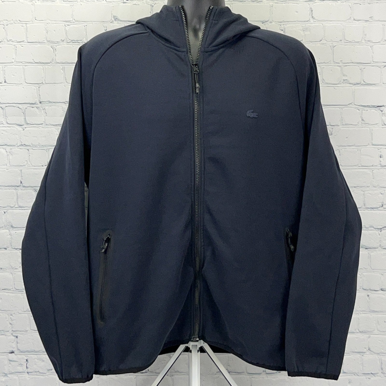 Lacoste Men's Navy Hoodie Jacket in Large with Zip Closure and Side Pockets