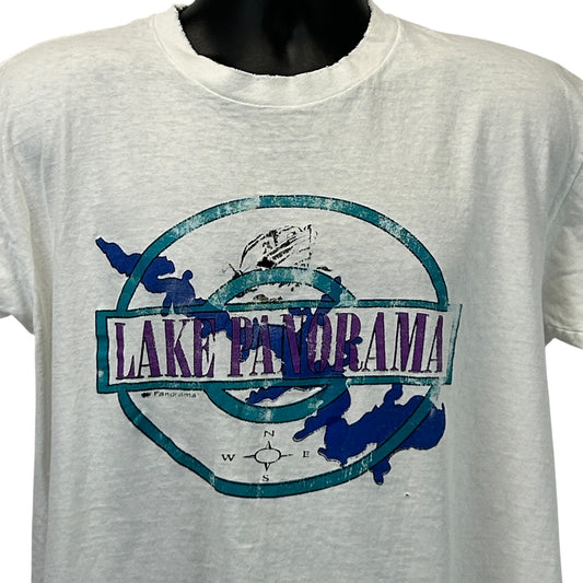 Front view of a white Lee T-shirt featuring a Lake Panorama graphic print in blue and purple