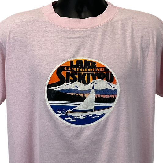 Light pink Vintage T-Shirt featuring Lake Siskiyou graphic on the front with a sailboat and mountains