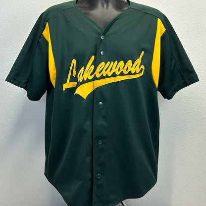 Front view of Lakewood jersey in dark green and yellow with logo detail and button closure