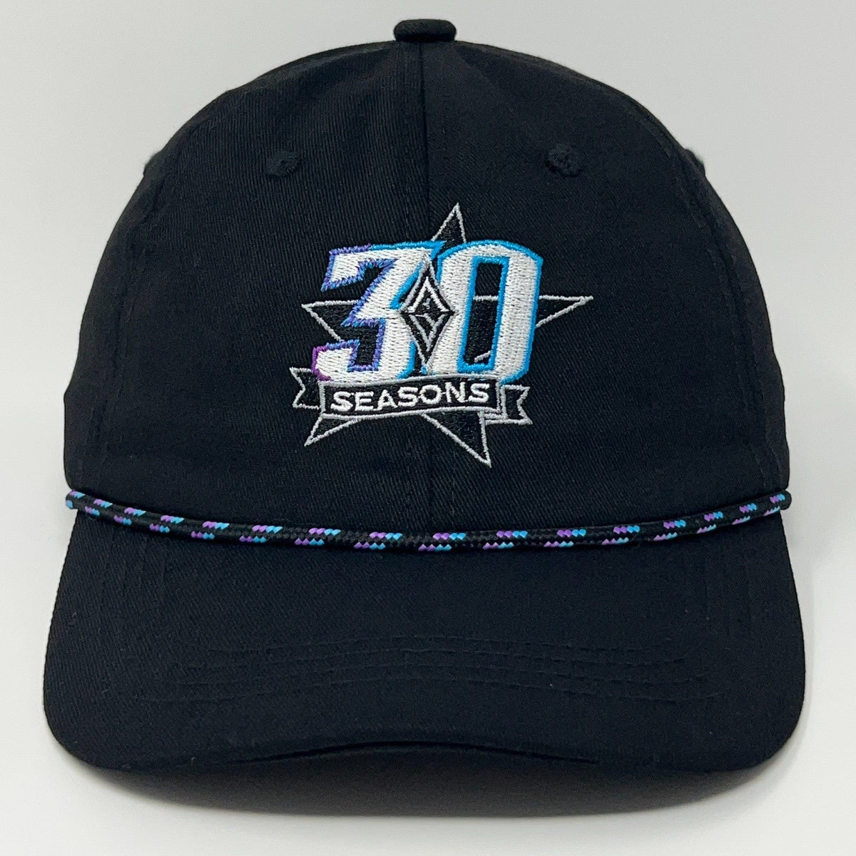BWM Global Las Vegas Aces black cap featuring a colorful 30 Seasons embroidered design