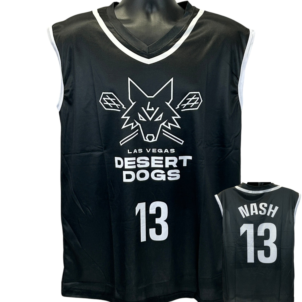 Front view of a black Las Vegas Desert Dogs basketball jersey with player number 13 and name Nash