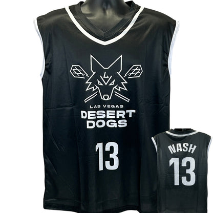 Front view of a black Las Vegas Desert Dogs basketball jersey with player number 13 and name Nash