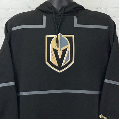Front view of black hoodie featuring the Las Vegas Golden Knights logo in gold and silver details