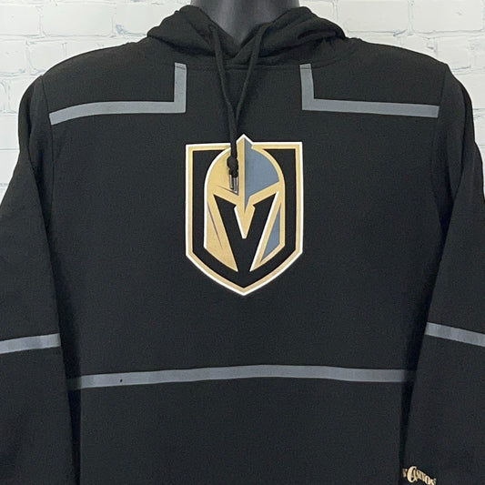 Front view of black hoodie featuring the Las Vegas Golden Knights logo in gold and silver details