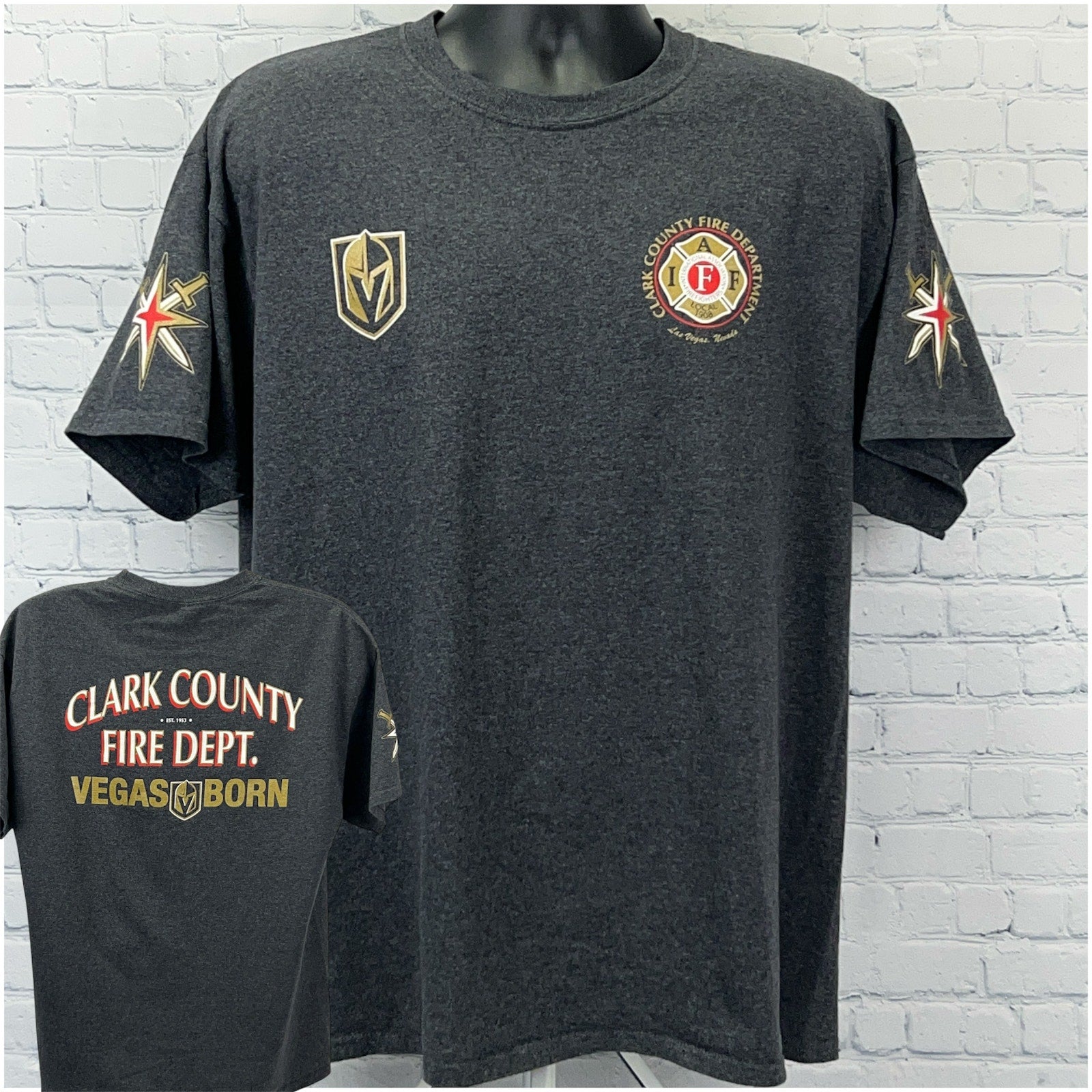 Charcoal Port & Company T-Shirt for Clark County Fire Dept featuring Las Vegas Golden Knights logo