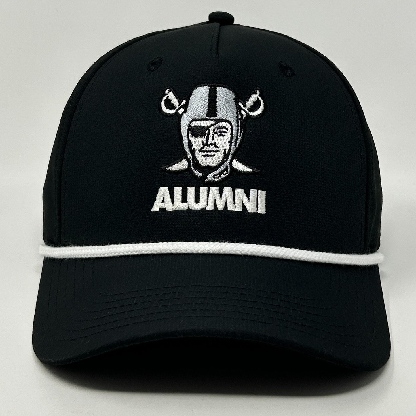 Black Las Vegas Raiders Hat with Alumni logo and white accents showcasing a front view