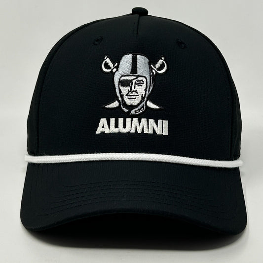 Black Las Vegas Raiders Hat with Alumni logo and white accents showcasing a front view