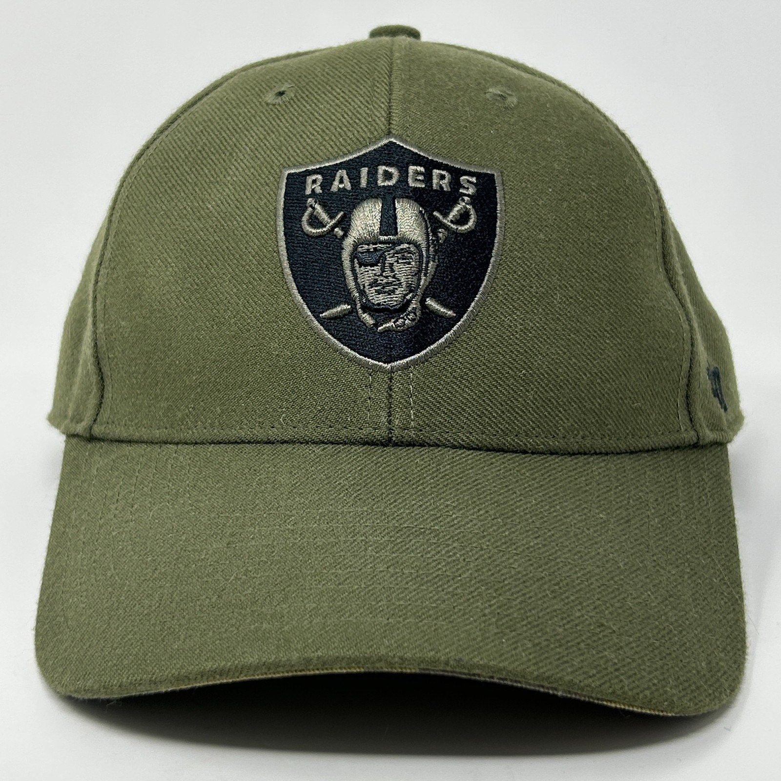 Olive green Las Vegas Raiders Hat with front logo detail and adjustable strap for casual wear
