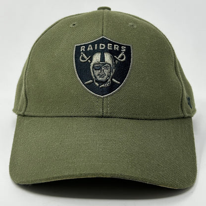 Olive green Las Vegas Raiders Hat with front logo detail and adjustable strap for casual wear