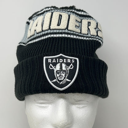 New Era black knit beanie with LAS VEGAS RAIDERS logo and striped design on top