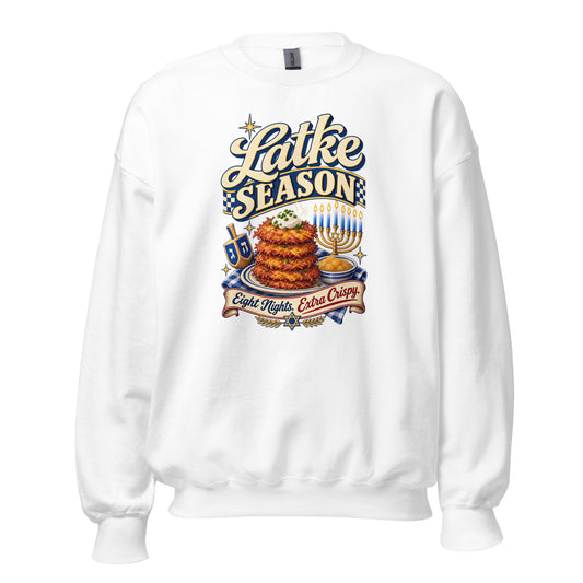 Neonvtg white Sweatshirt with Hanukkah Latke design featuring crispy latkes and a menorah