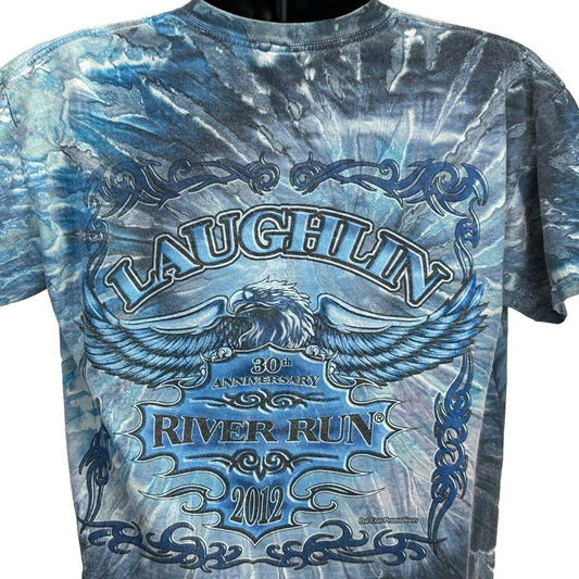 Front view of blue tie-dye T-Shirt featuring Laughlin River Run Motorcycle Rally logo and 30th Anniversary detail