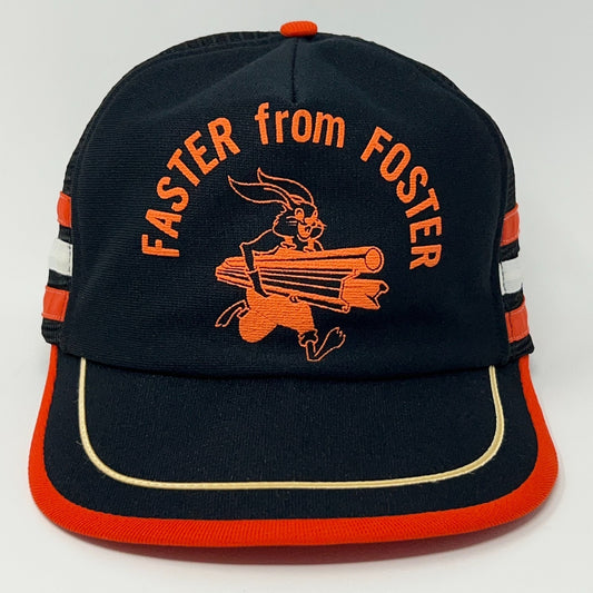 Black vintage hat with orange 'Faster from FOSTER' logo and playful rabbit graphic on front