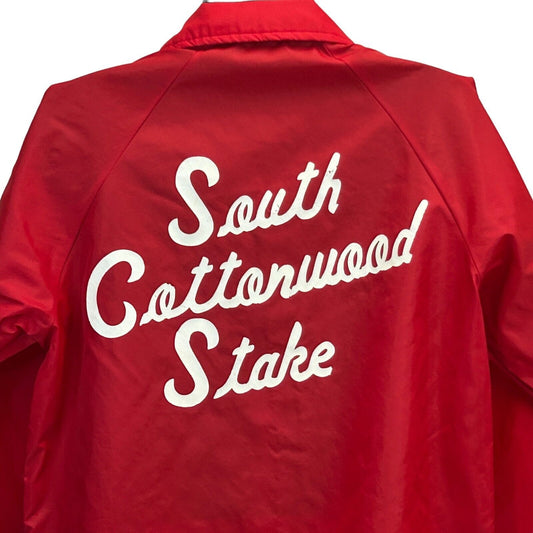 Vintage Red Jacket with South Cottonwood Stake Logo, LDS Mormon Theme, Back View