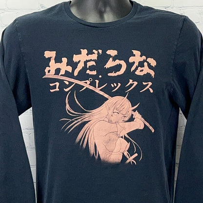 Lewd Complex black long-sleeve t-shirt featuring a pink graphic of a female character with a sword on the front