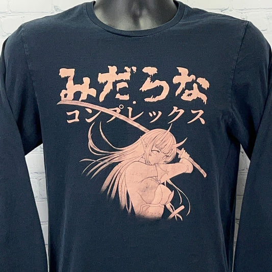 Lewd Complex black long-sleeve t-shirt featuring a pink graphic of a female character with a sword on the front