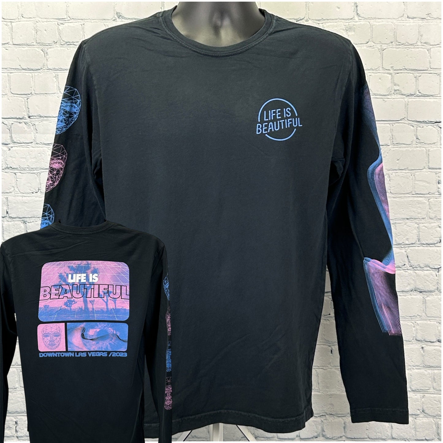 Black long sleeve Life Is Beautiful T Shirt featuring colorful graphics and logos on front and sleeves