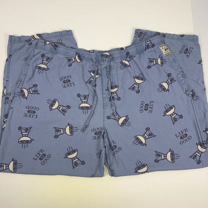 Life Is Good blue lounge pants with a fun light bulb print, available in size medium, front view
