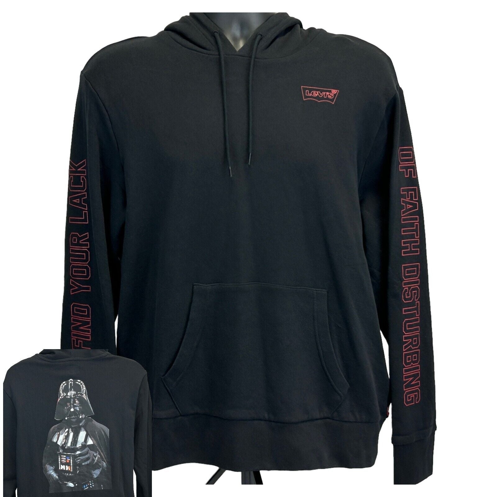 Black Levi's hoodie featuring Darth Vader graphic on back and 'Find Your Lack of Faith Disturbing' text on sleeves