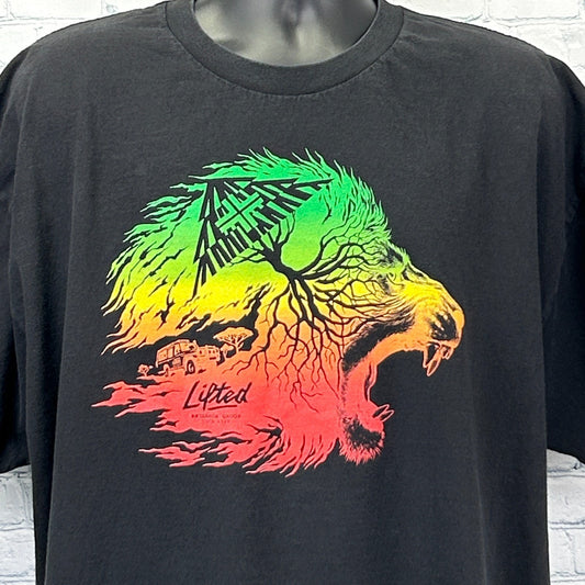 LRG T Shirt in black with vibrant lion graphic in red, yellow, and green; front view