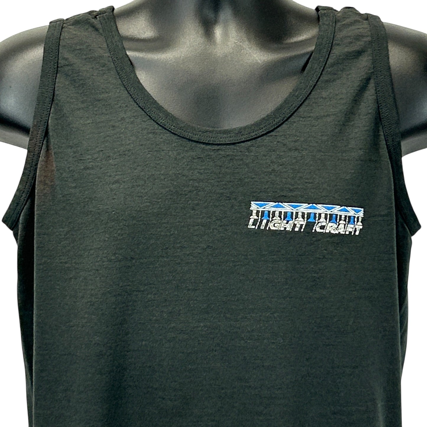 Vintage black tank top featuring Light Craft logo in colorful detailing, front view for detailed style.