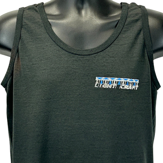 Vintage black tank top featuring Light Craft logo in colorful detailing, front view for detailed style.