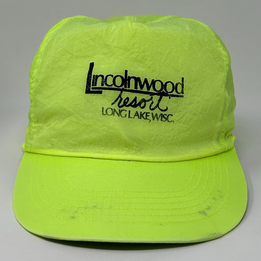 Neon yellow Vintage hat featuring Lincolnwood Resort logo from Long Lake, Wisconsin, front view