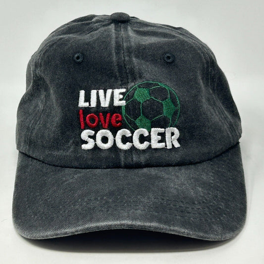 Unbranded black cap with 'Live Love Soccer' embroidered and a green soccer ball graphic on the front