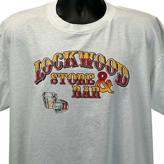 Vintage gray T-shirt featuring Lockwood Store and Bar logo with colorful graphic on the front