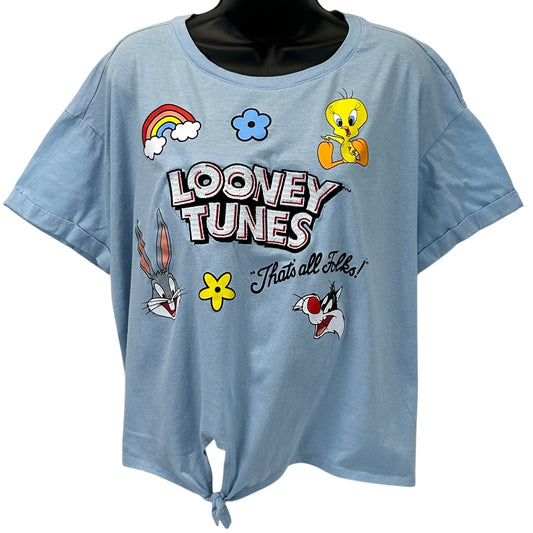 Light blue Looney Tunes T-Shirt featuring Bugs Bunny and Tweety Bird with a tie at the bottom, front view.