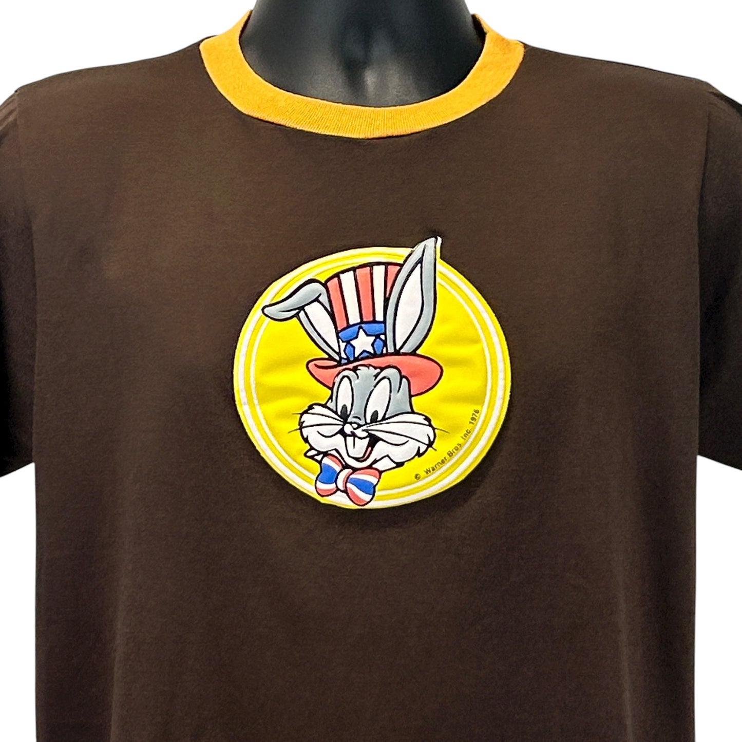 Brown Vintage T-Shirt featuring Bugs Bunny graphic on the front with a yellow background and orange collar