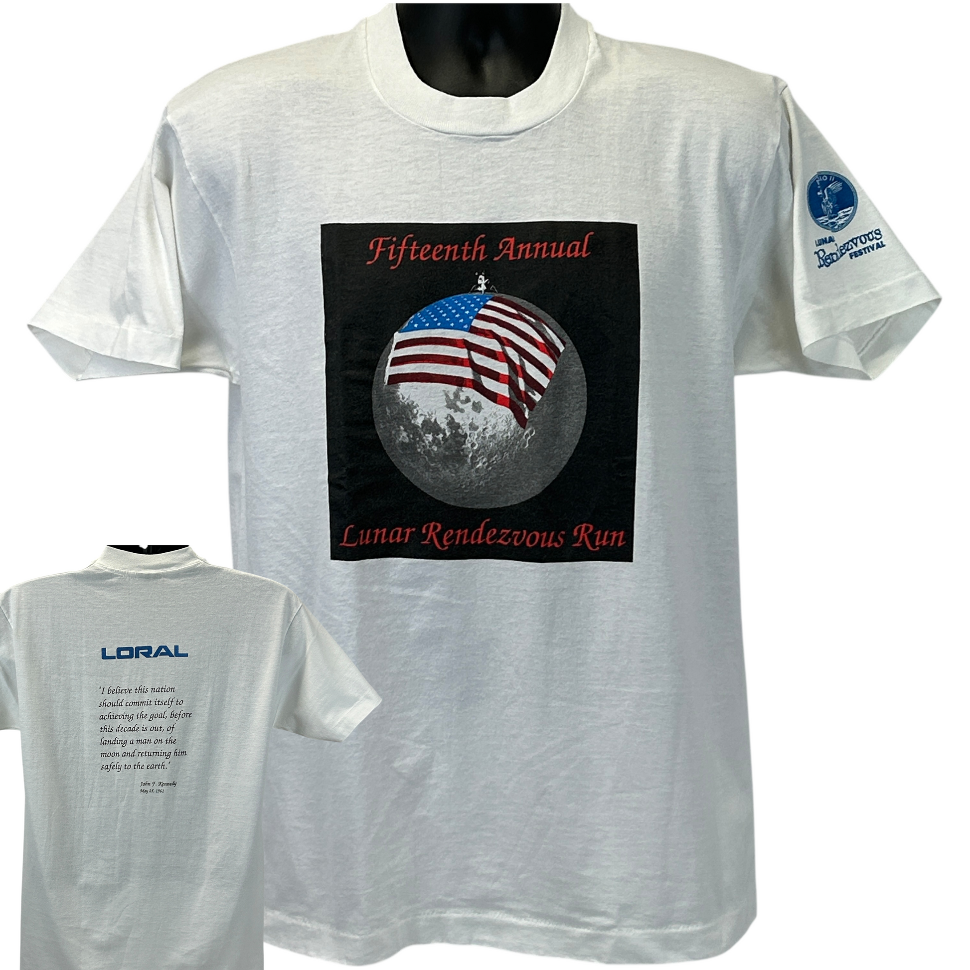 White Fruit of the Loom T-Shirt featuring Lunar Rendezvous Festival graphic on front and logo on back