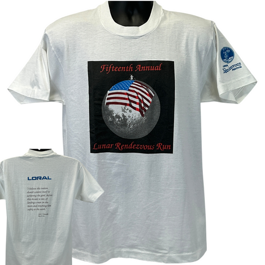 White Fruit of the Loom T-Shirt featuring Lunar Rendezvous Festival graphic on front and logo on back