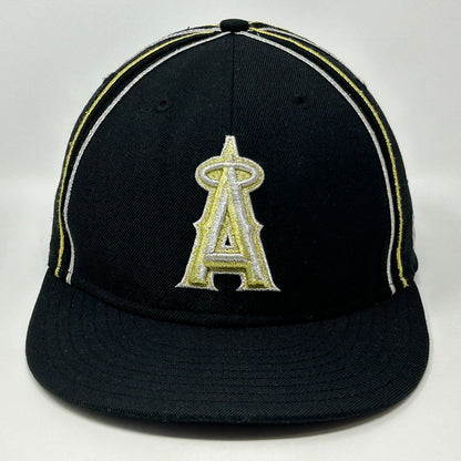 Front view of New Era Los Angeles Angels cap in black with yellow accents and embroidered logo
