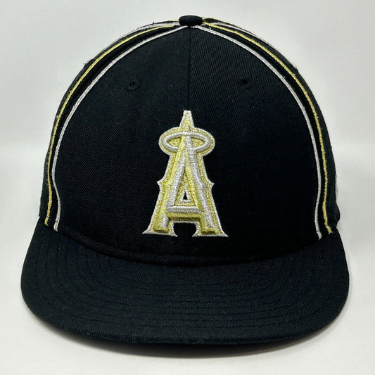 Front view of New Era Los Angeles Angels cap in black with yellow accents and embroidered logo