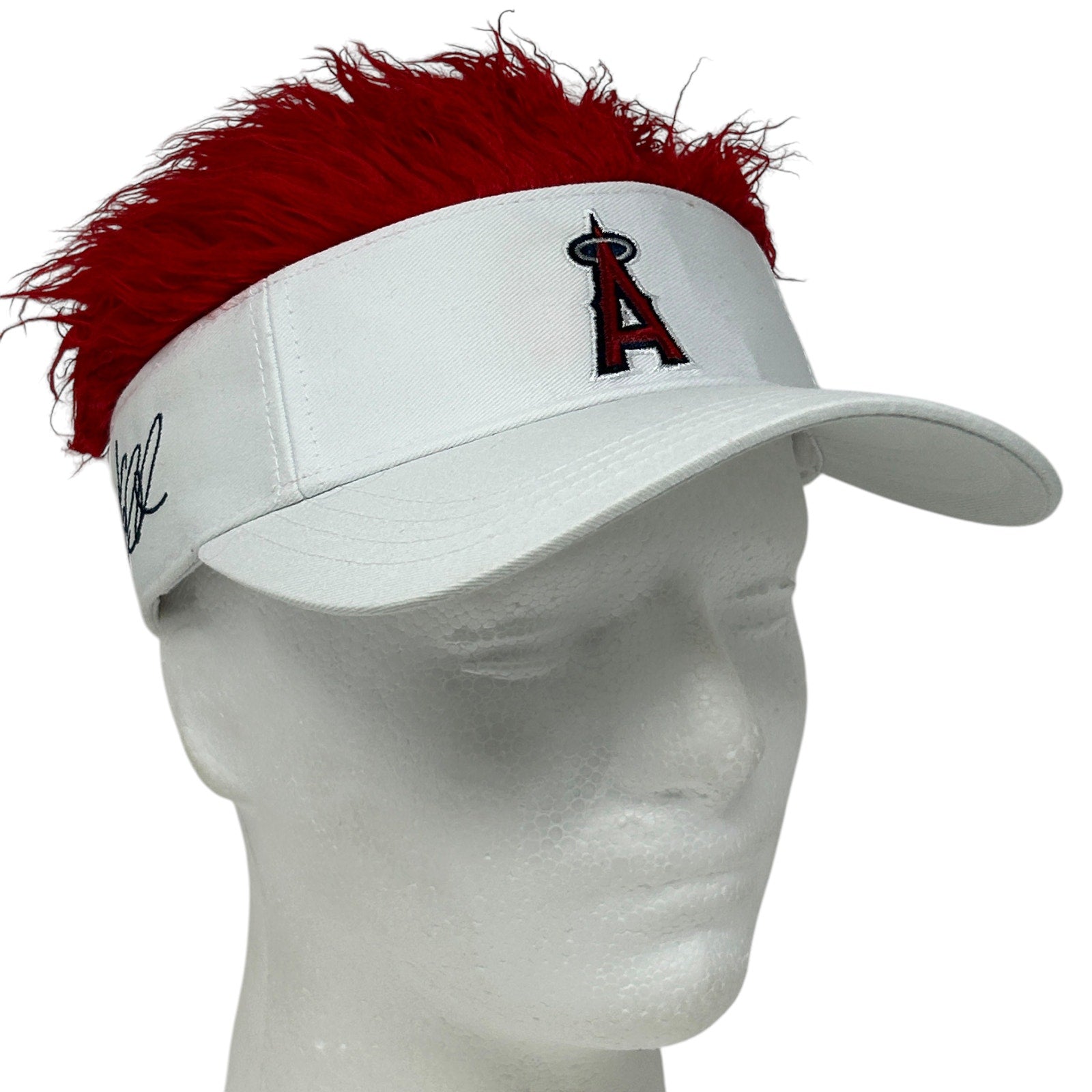 White MLB Los Angeles Angels Visor with Red Feather Trim and Logo on Front