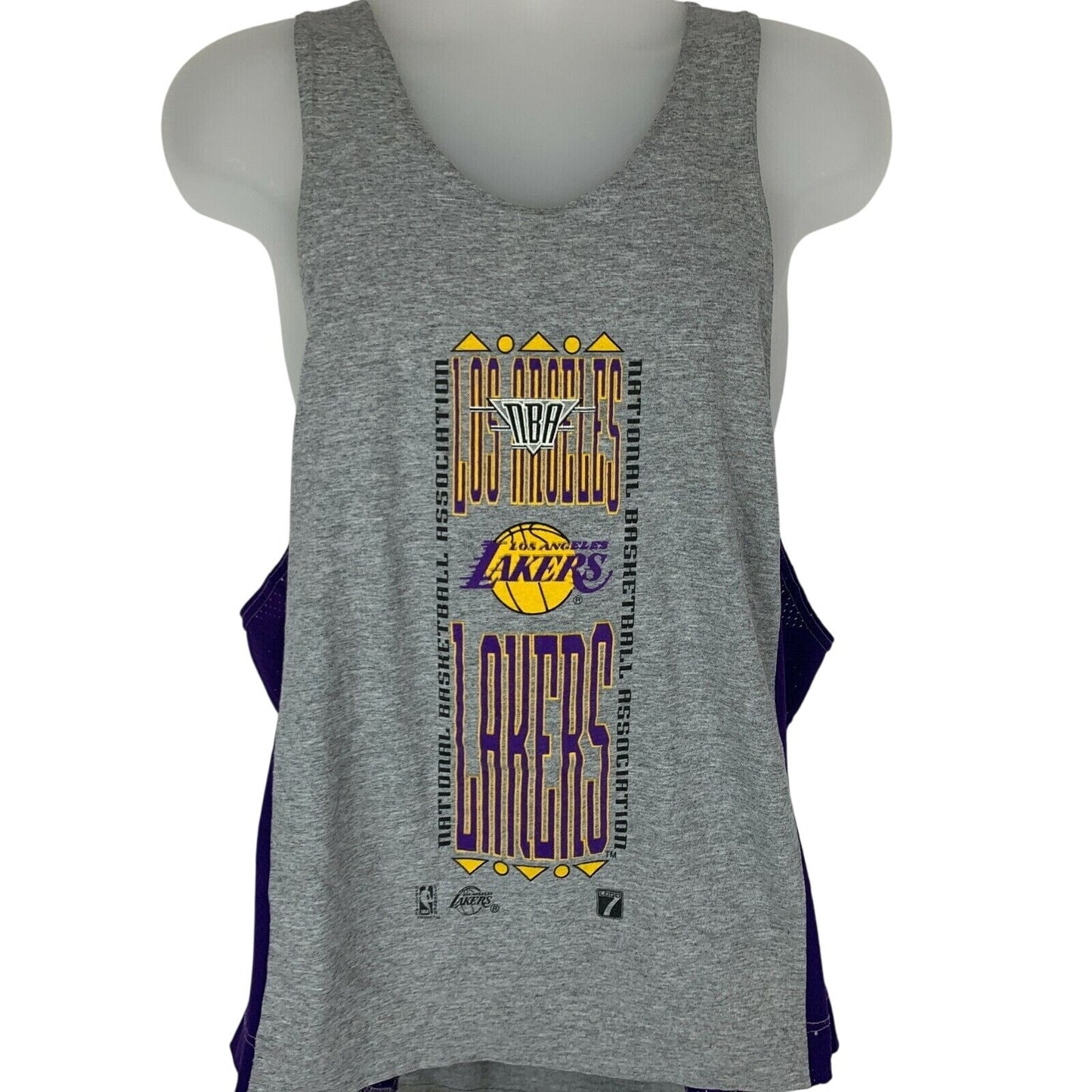 Gray Logo 7 Los Angeles Lakers tank top featuring team logo and graphics on the front