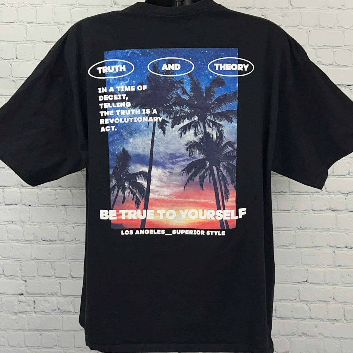 Truth + Theory Black T-Shirt with Graphic Design and Vintage Color Palette, Size 3XL, Featuring Palm Trees