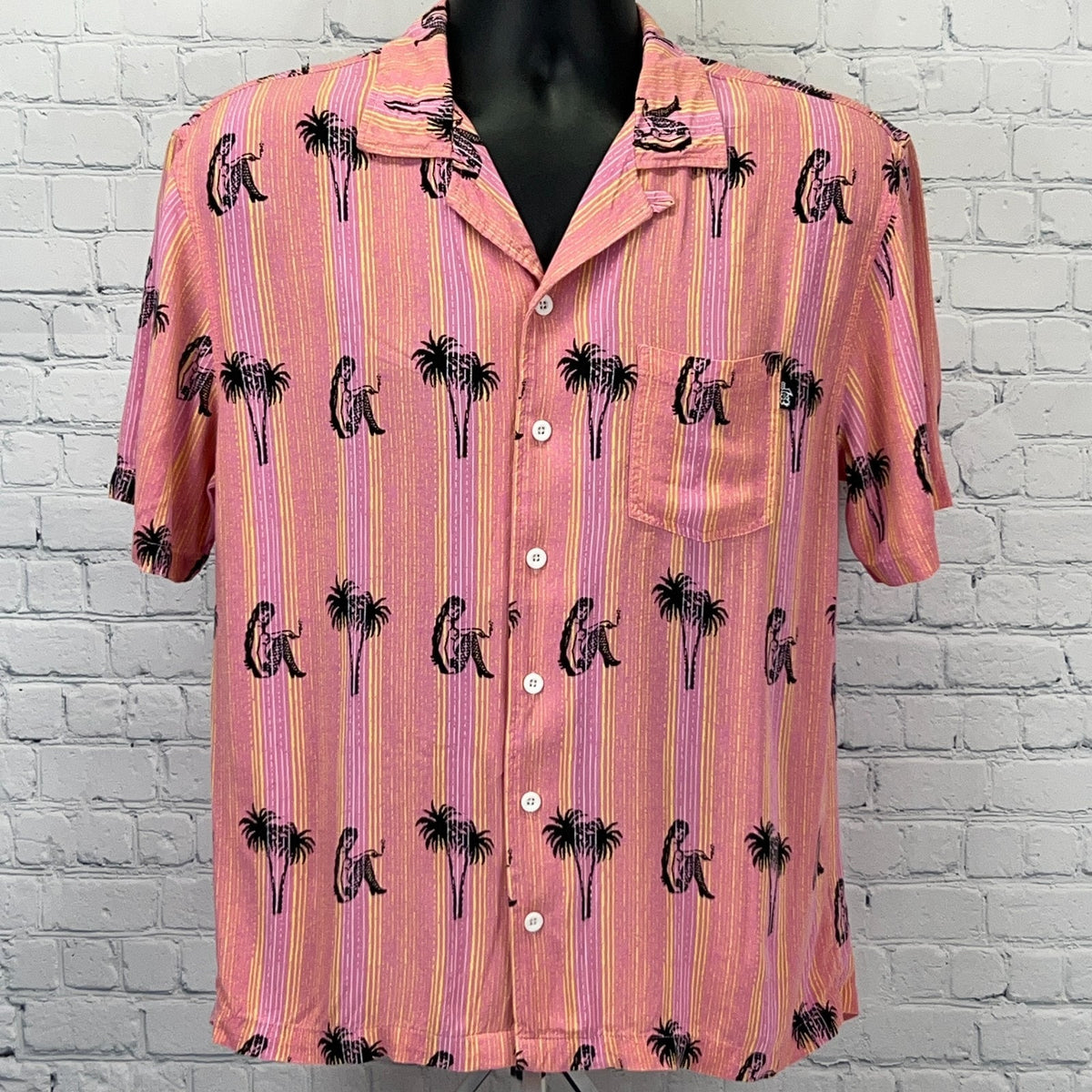 Lost Enterprises Pink Short-Sleeve Shirt with Palm Tree Print, Front View with Pocket