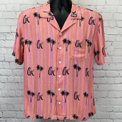 Lost Enterprises Pink Short-Sleeve Shirt with Palm Tree Print, Front View with Pocket