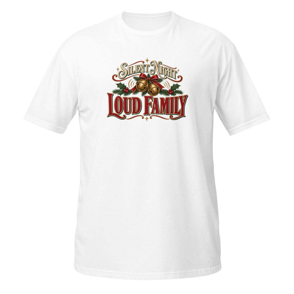 Neonvtg Christmas T-shirt in White with Loud Family Design featuring Bells and Holiday Typography