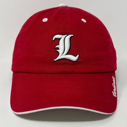 Front view of a red Louisville Cardinals Hat featuring a white embroidered L logo